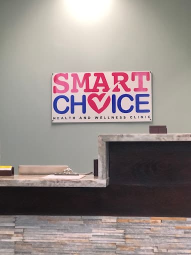 Reception desk and Smart Choice Health and Wellness Clinic logo inside the Humble, TX office